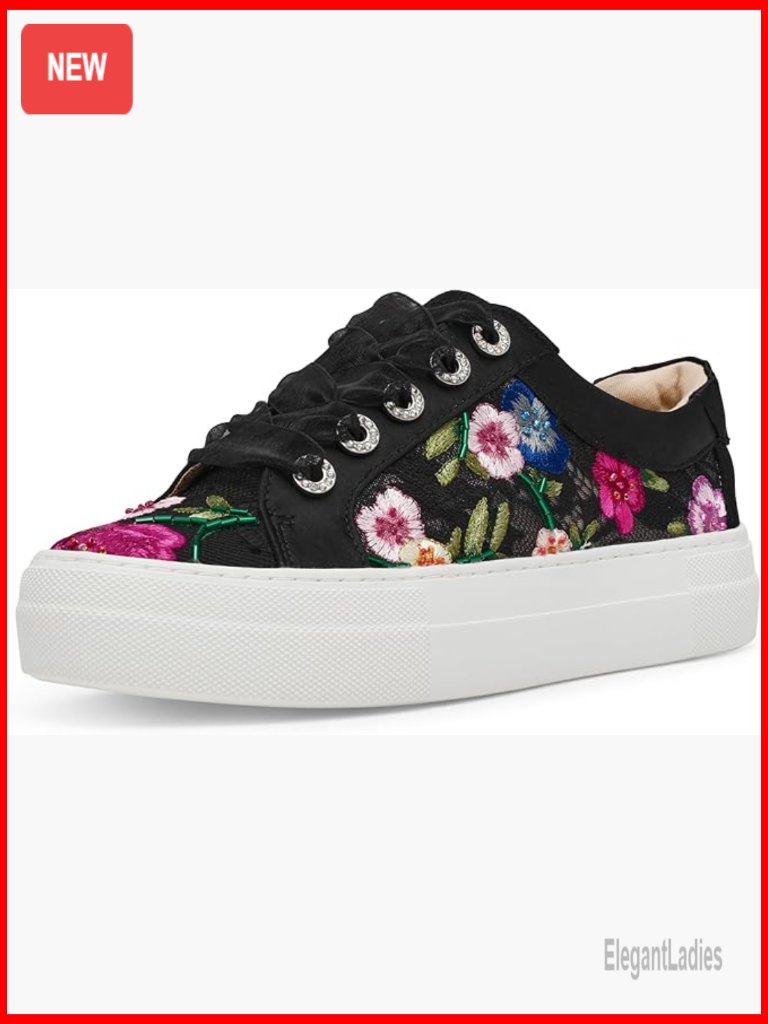 Women's Fashion Sneakers With Flower Embroidery And 1 Inch Platform
